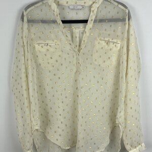 Lush Top Blouse Size M Beige Long Sleeve Band Collar V Neck Sheer Pockets Polyes